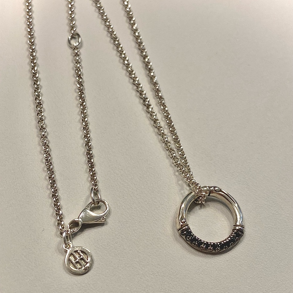 John Hardy Silver Bamboo Circle Pendant with Black Sapphires